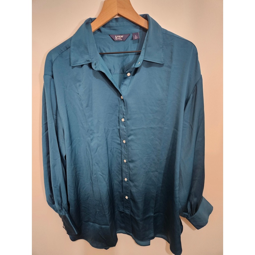 Lands End Womens Teal Blue Satin Button Down Blouse Shirt Size L‎ 14-16